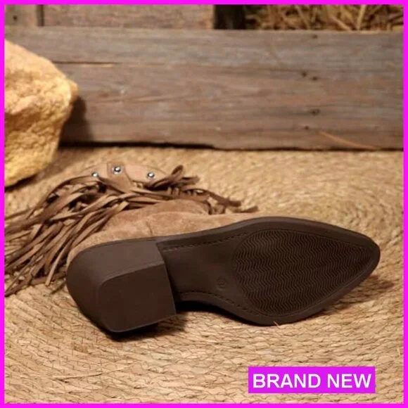 Suede Fringe Western Ankle Boots Retro Studded Pointed Toe Pull-on Chunky Heel - Picture 3 of 7